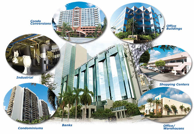 buildings-inspected Banks, Conominiums, Industrial, Condo Conversions, Office Buildings, Shopping Centers, Office/Warehouses collage