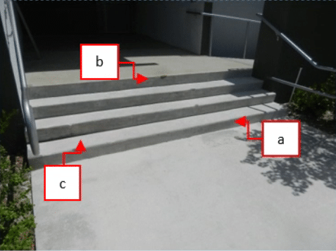 View of front exterior steps with inconsistent riser and tread dimensions.